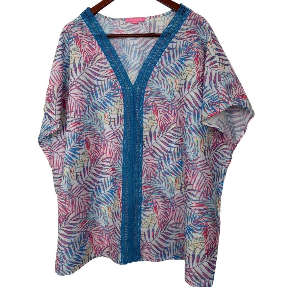 Simply Southern Tropical Palm Leaf Crochet V-Neck Cover Up L/XL Pink Blue
